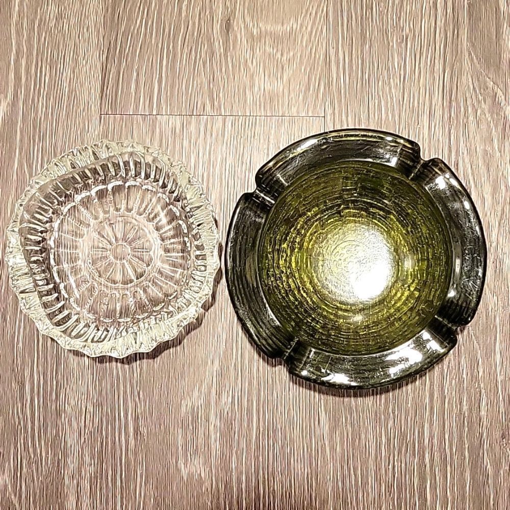Vintage Anchor Hocking  Green & Clear Heavy Glass Round Ashtrays Birds Nest MCM
